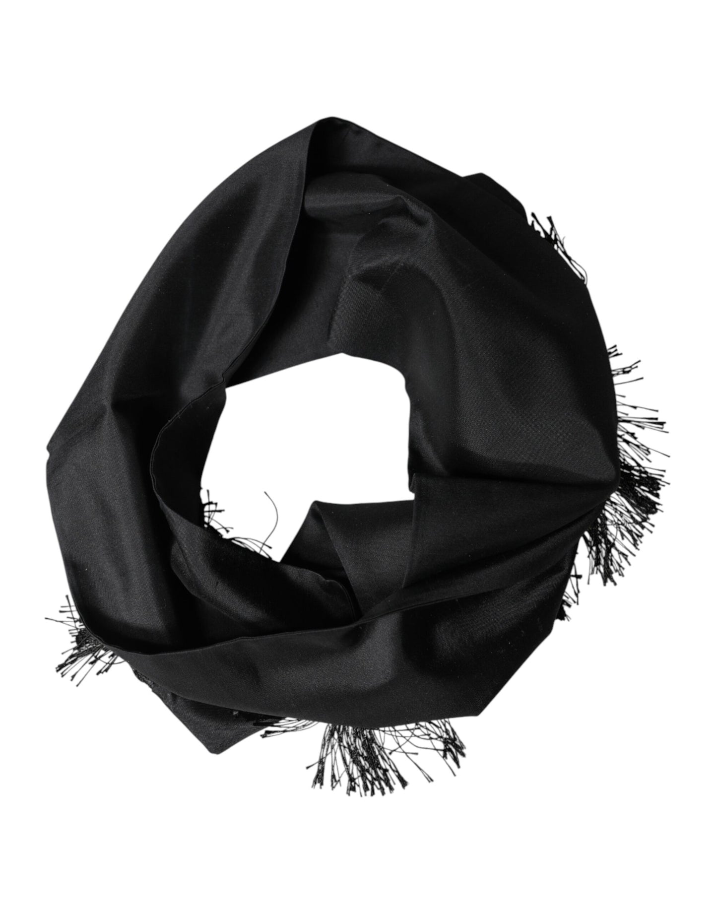 Dolce & Gabbana Black Silk Fringes Neck Wrap Foulard Scarf