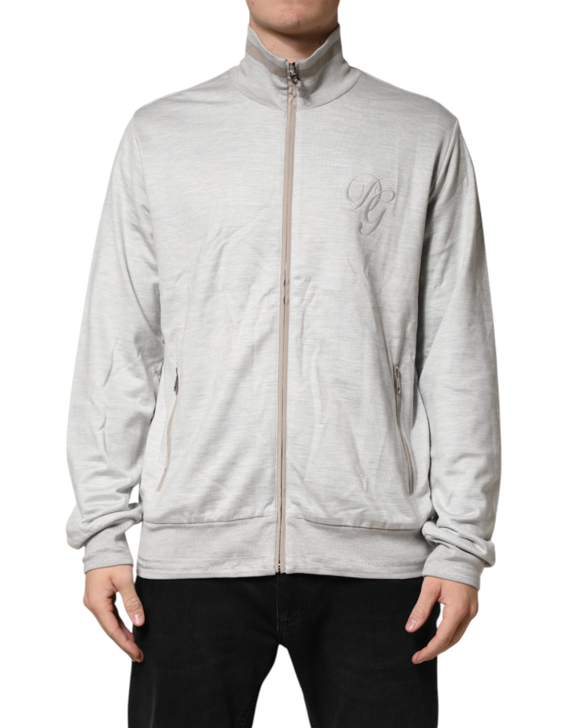 Dolce & Gabbana Light Gray Cotton Zipped Cardigan Sweater