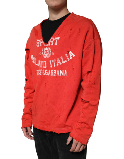 Dolce & Gabbana Red Distressed Cotton V-Neck Sweatshirt Men  Sweater