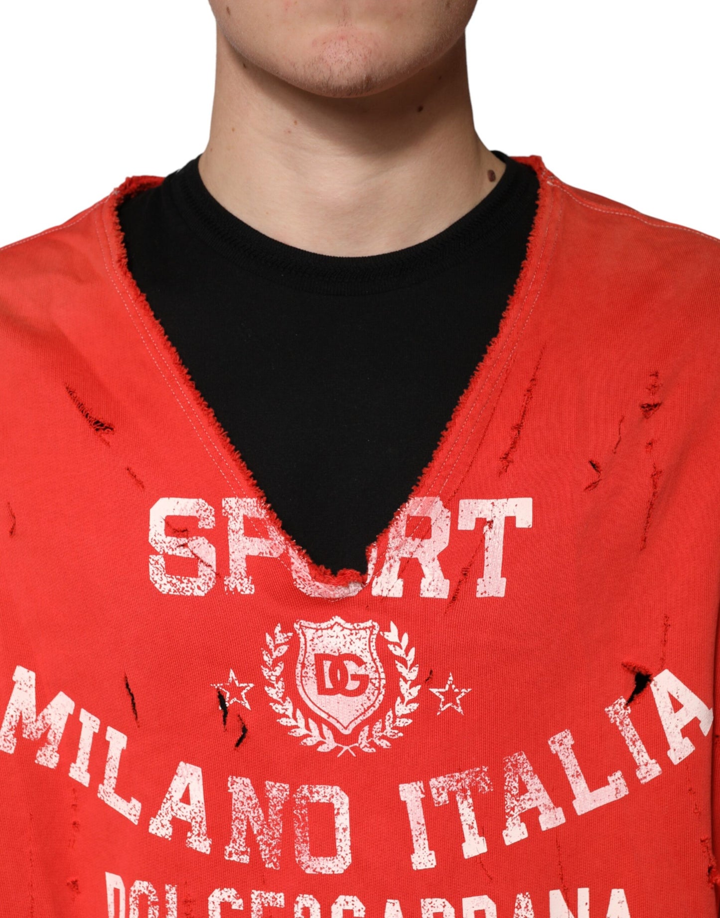 Dolce & Gabbana Red Distressed Cotton V-Neck Sweatshirt Men  Sweater