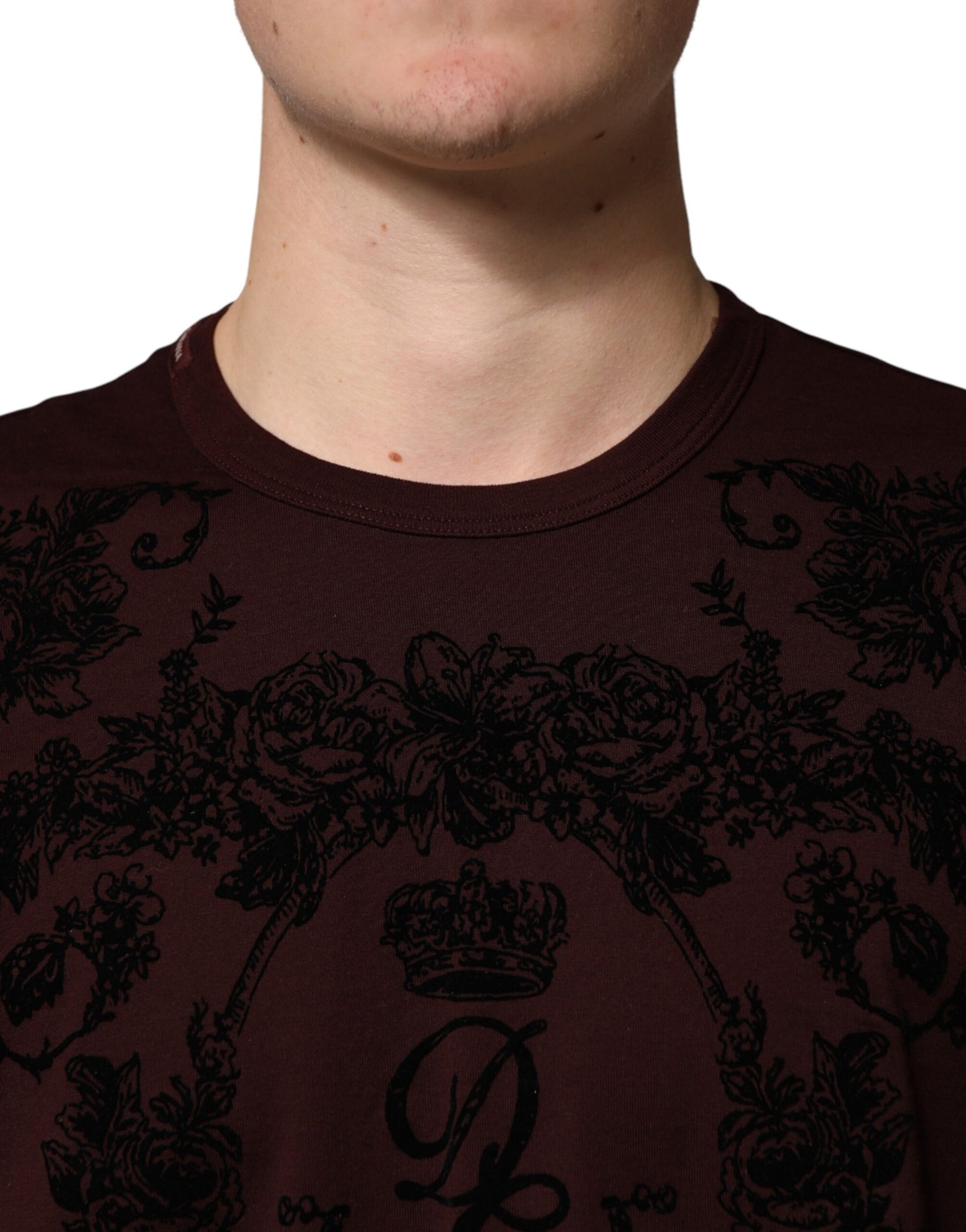Dolce & Gabbana Maroon DG Crown Floral Crewneck Men T-shirt