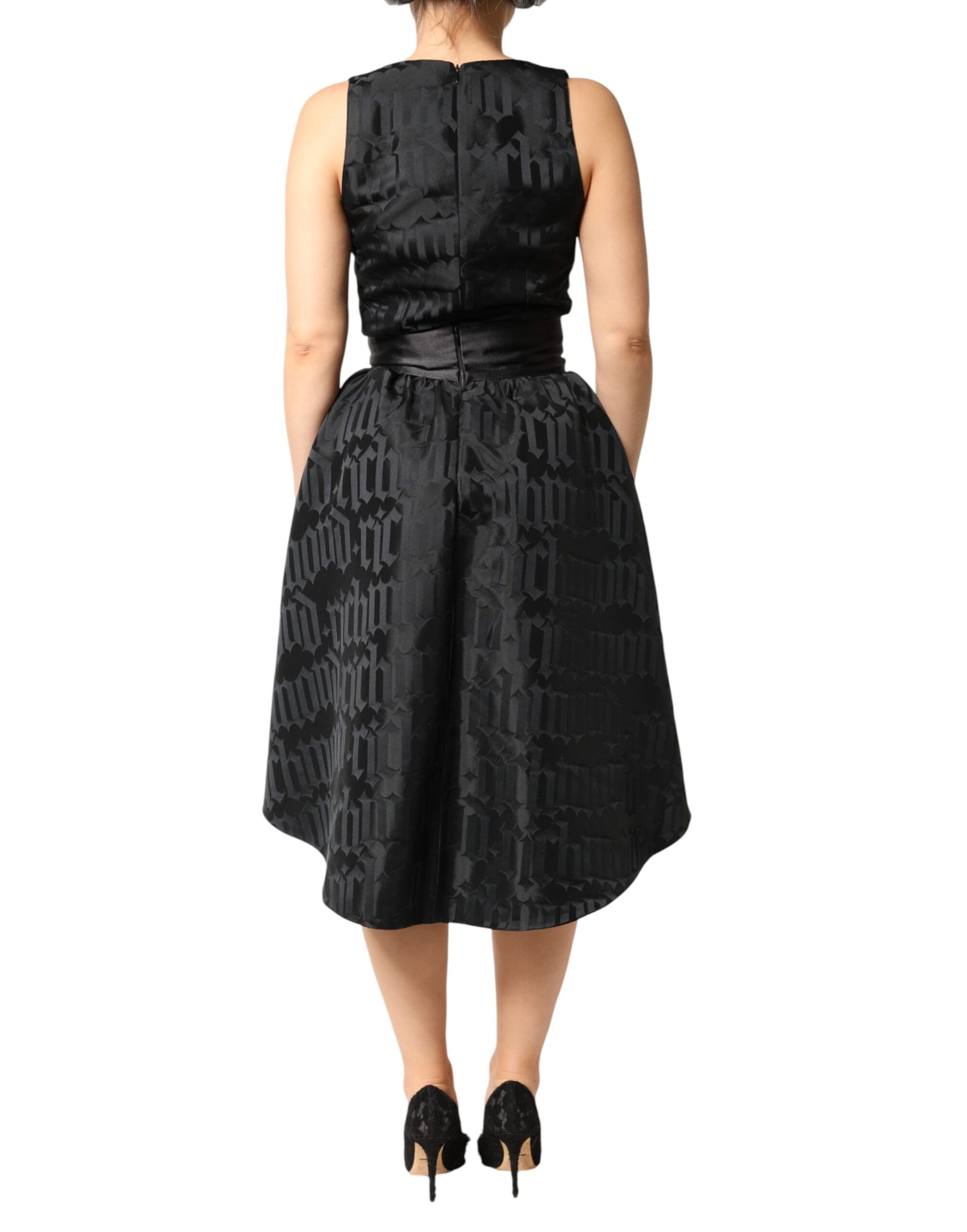 John Richmond Black Jacquard Deep V-neck Sleeveless 2 Pc Dress