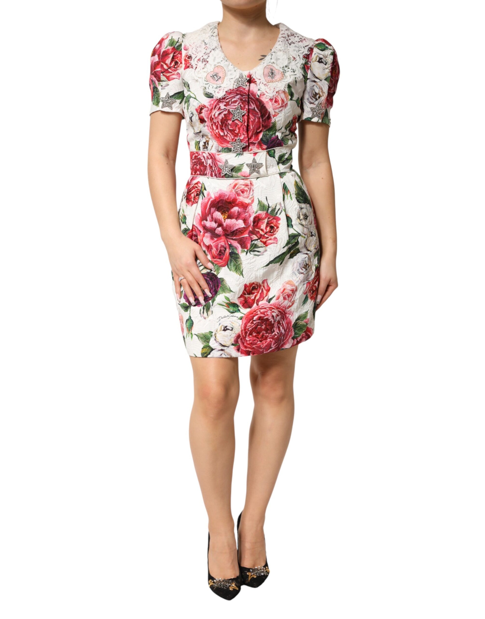Dolce & Gabbana White Floral Embellished Sheath Mini Dress