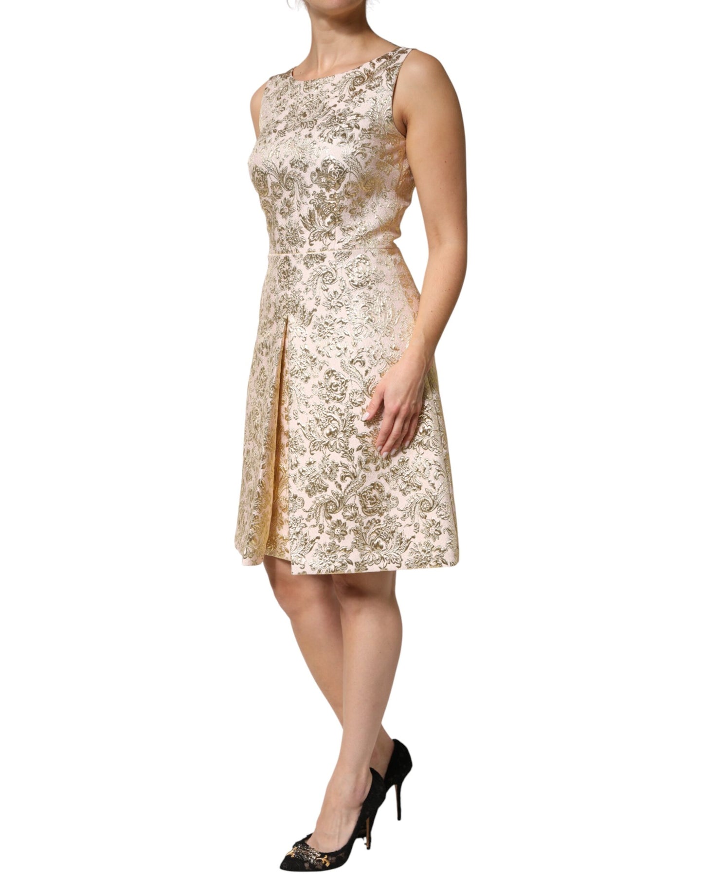 Dolce & Gabbana Beige Gold Floral Brocade Sleeveless Dress