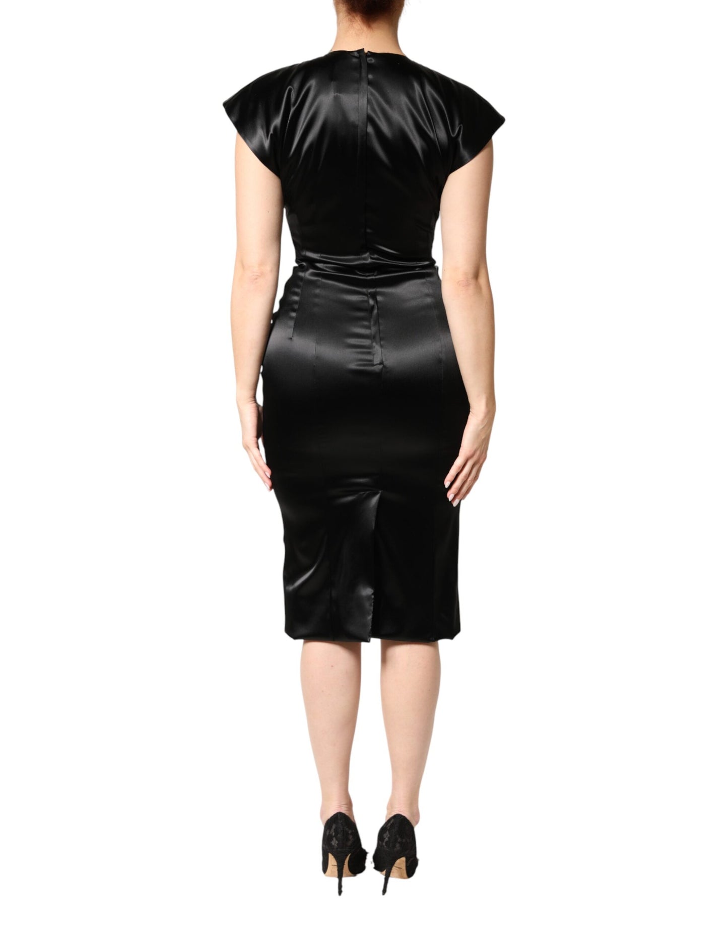 Dolce & Gabbana Black Satin Sheath Midi Cap Sleeves Dress