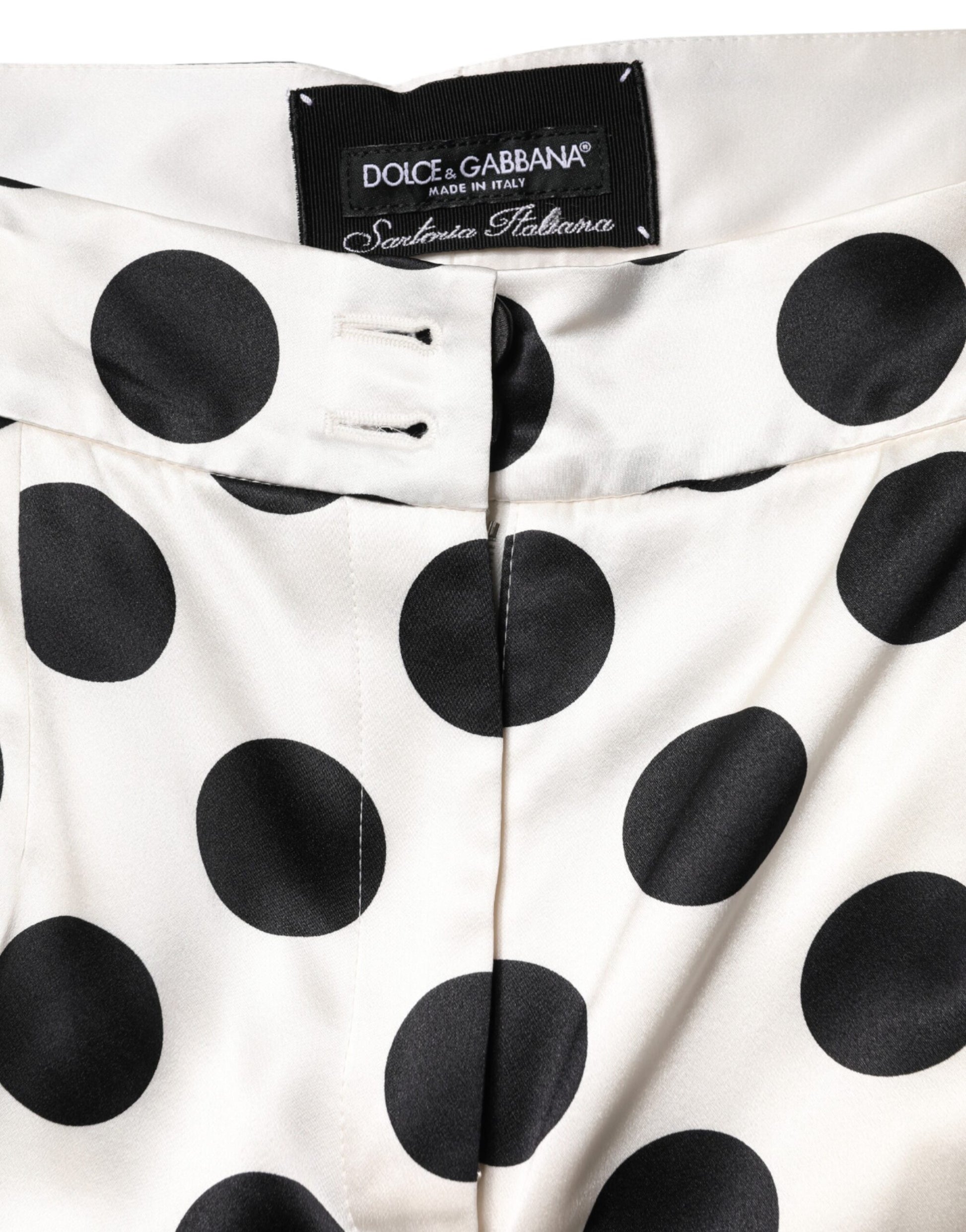 Dolce & Gabbana White Black Polka Dot Silk Mid Waist Cropped Pants