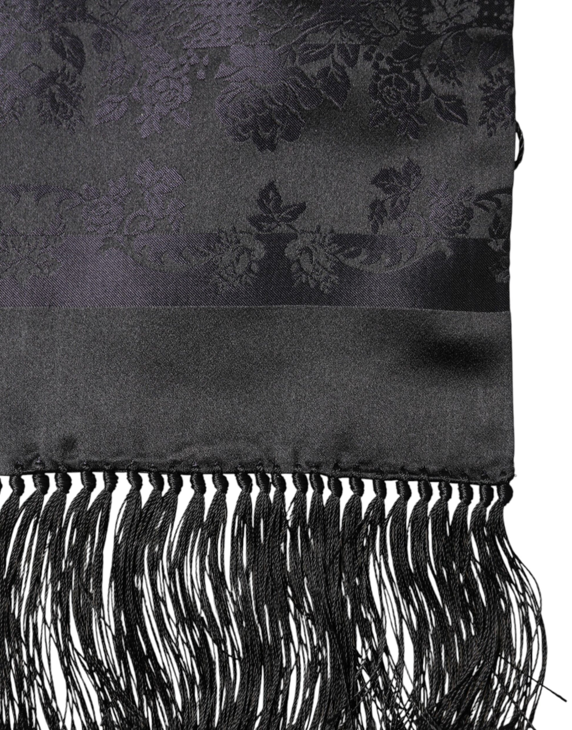 Dolce & Gabbana Black Satin Silk Fringes Neck Foulard Scarf