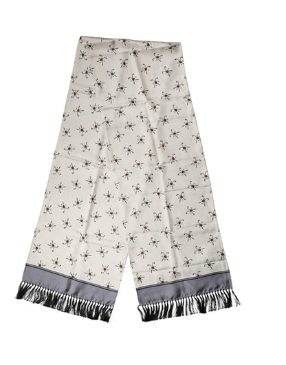 Dolce & Gabbana White Printed Fringes Wrap Foulard Men 183cm x 33cm Scarf
