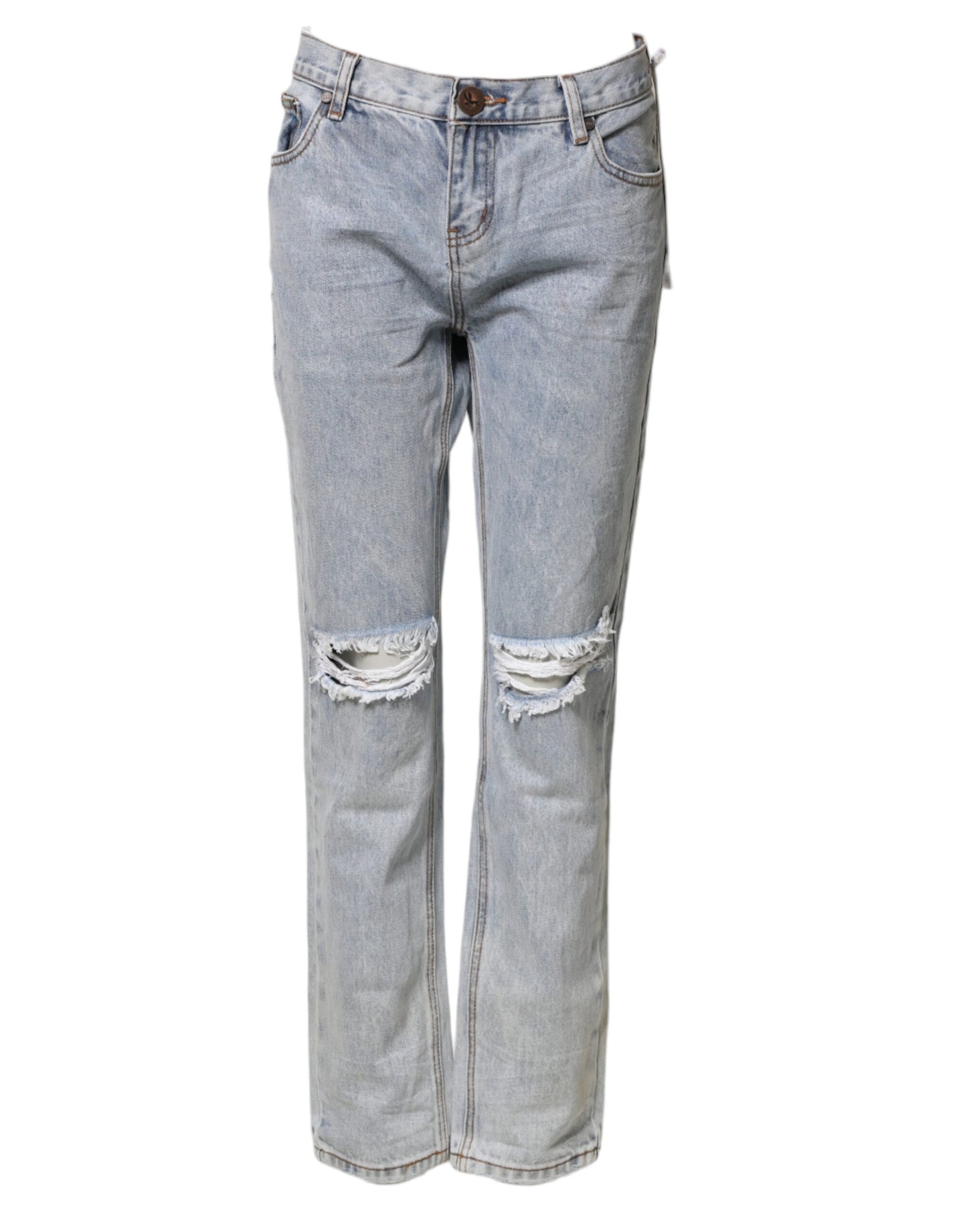 One Teaspoon Light Blue Tattered Mid Waist Straight Denim Jeans