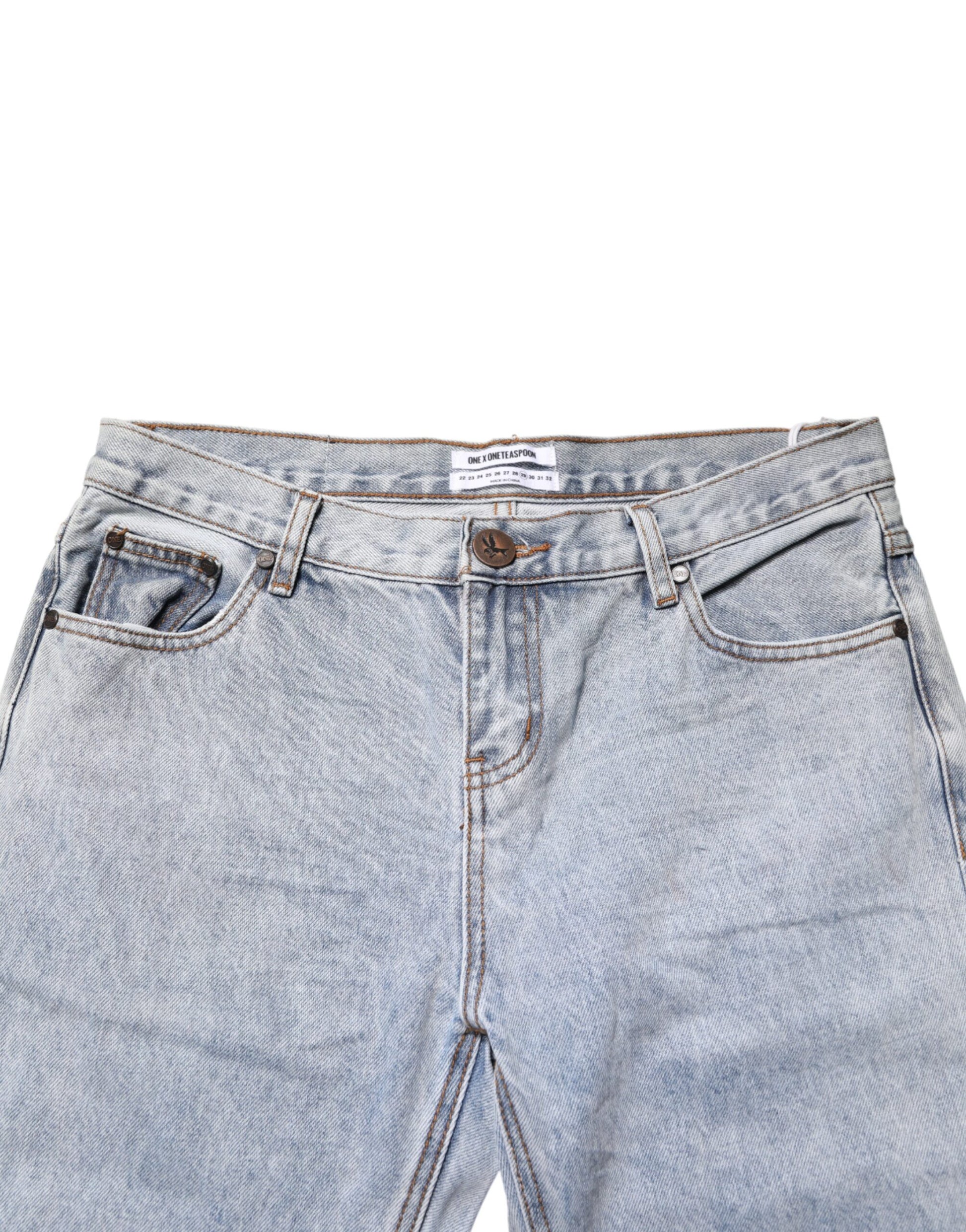 One Teaspoon Light Blue Tattered Mid Waist Straight Denim Jeans