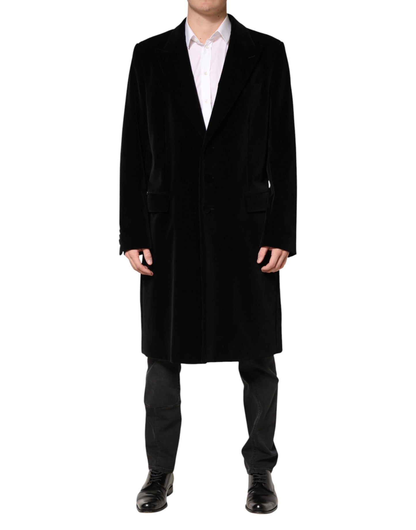 Dolce & Gabbana Black Cotton Velvet Long Trench Coat Jacket