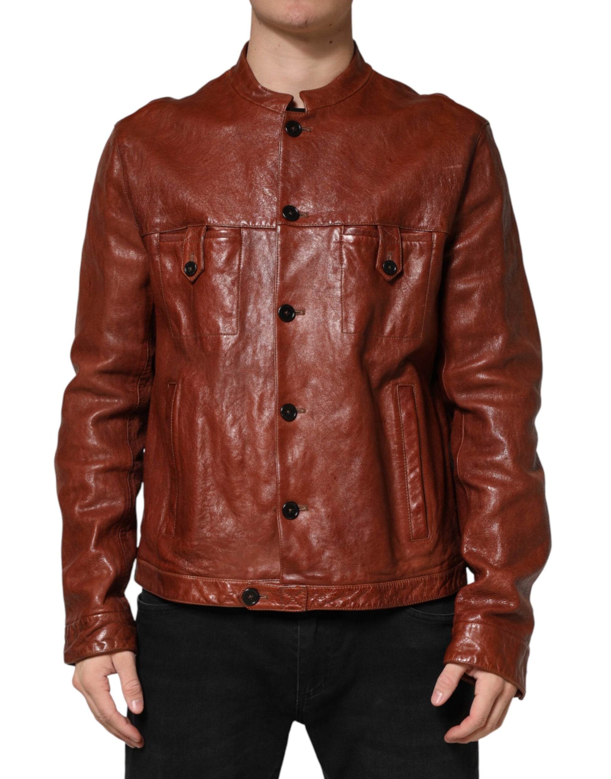 Dolce & Gabbana Brown Leather Button Down Men Biker Jacket