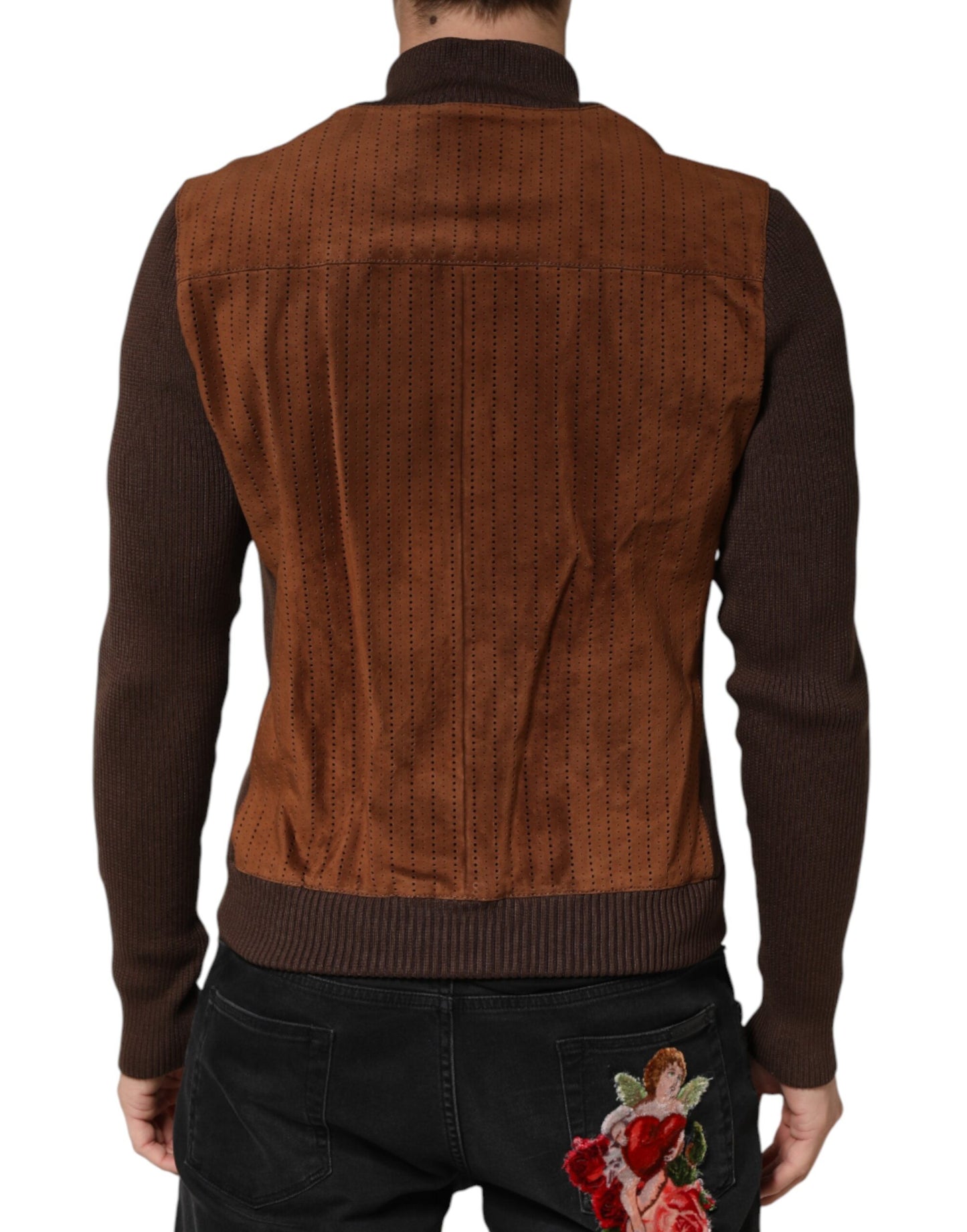 Dolce & Gabbana Brown Velvet Calfskin Full Zip Biker Jacket