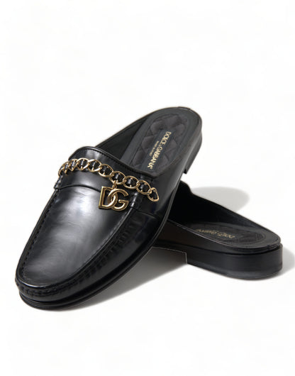 Dolce & Gabbana Black Leather Visconti Slippers Dress Shoes