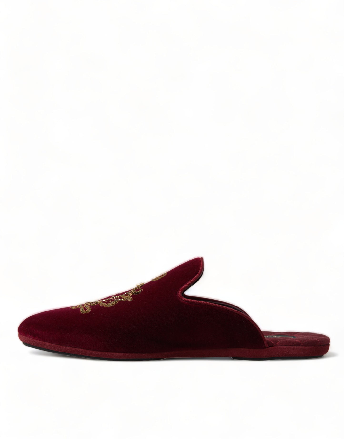 Dolce & Gabbana Bordeaux Velvet Gold Crown Embroidery Slides Shoes