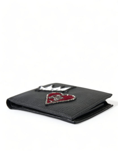 Dolce & Gabbana Black Leather Crown Heart Patch Bifold Card Holder Wallet