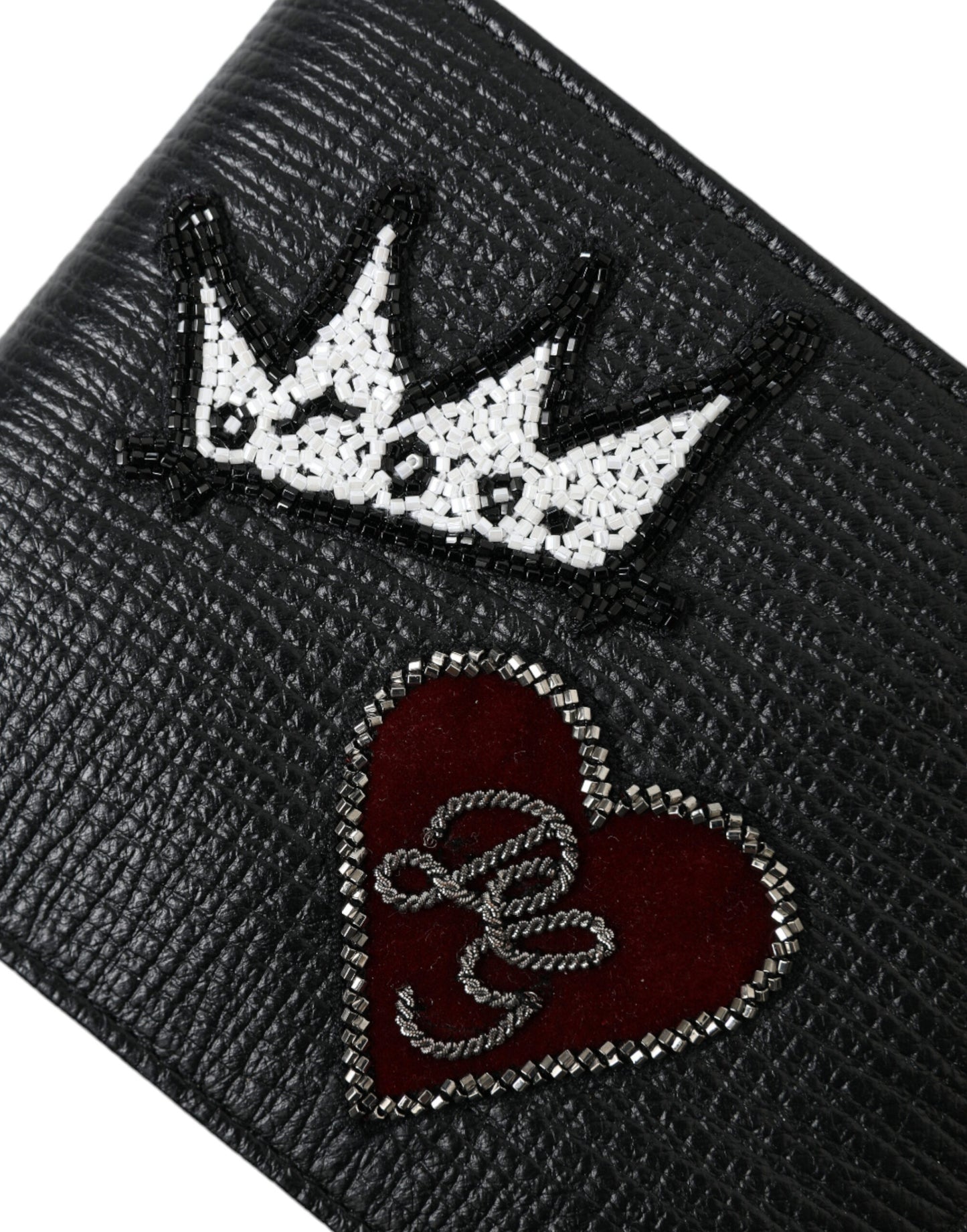 Dolce & Gabbana Black Leather Crown Heart Patch Bifold Card Holder Wallet