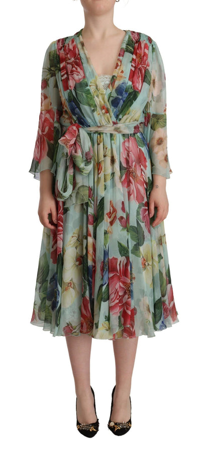 Dolce & Gabbana Multicolor Green Silk Wrap Gown Dress