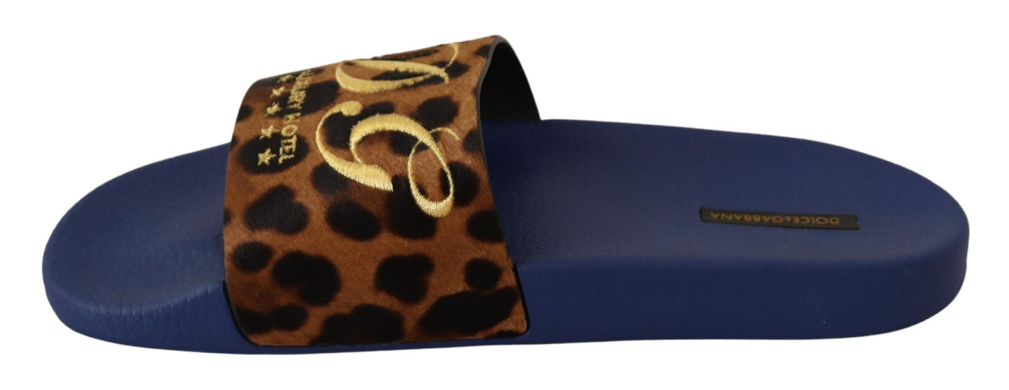 Dolce & Gabbana Blue Brown Leopard Logo Rubber Slides Slippers Shoes