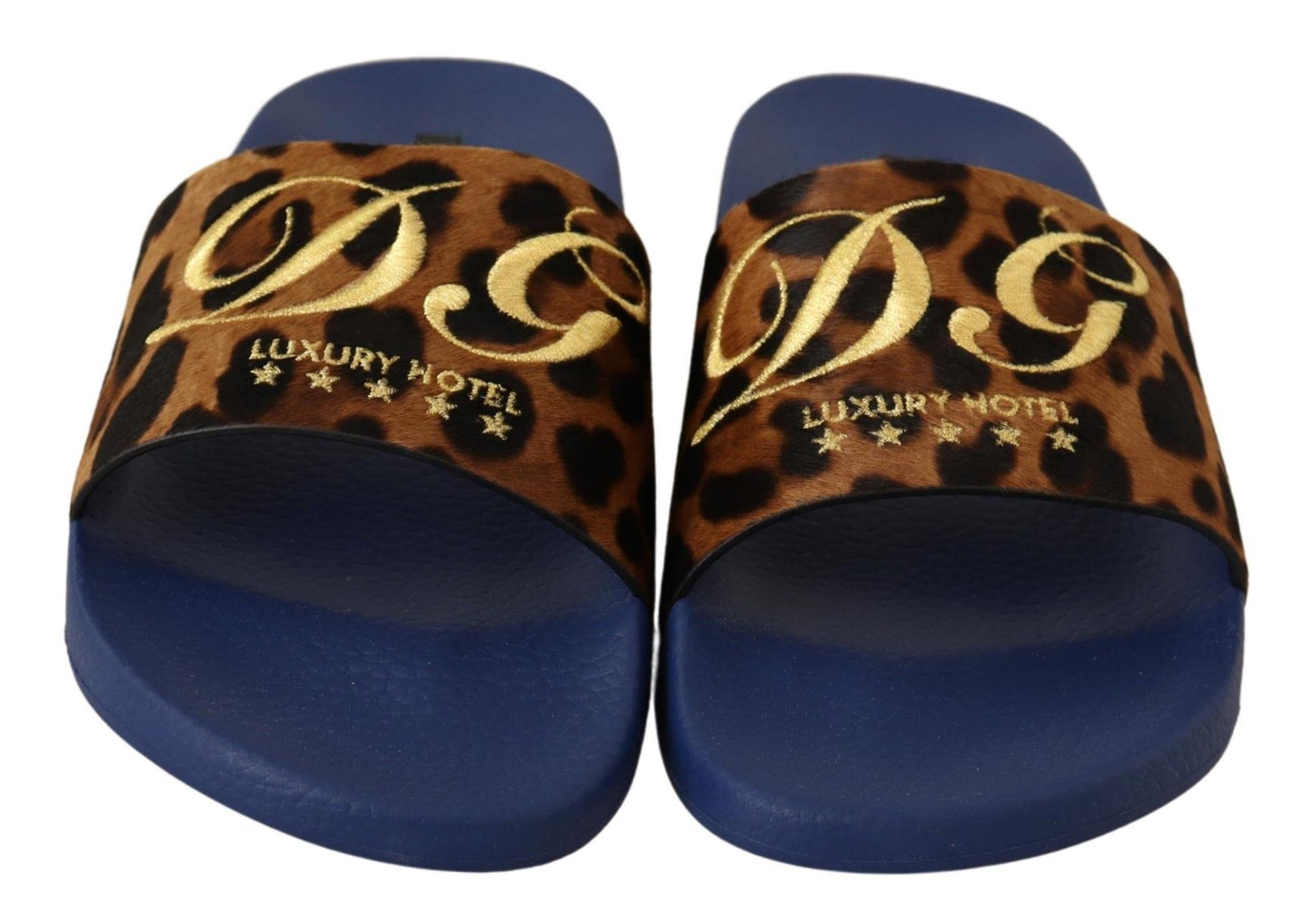 Dolce & Gabbana Blue Brown Leopard Logo Rubber Slides Slippers Shoes