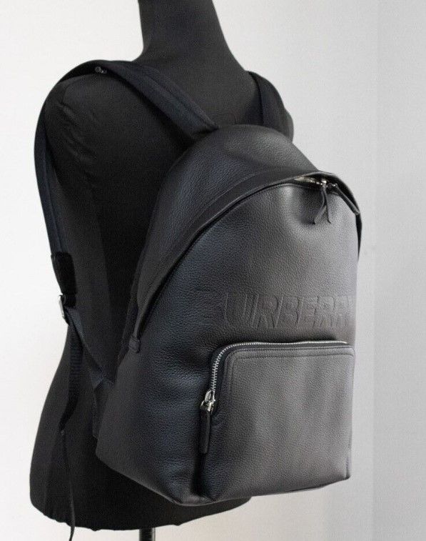 Burberry Abbeydale Branded Black Pebbled Leather Backpack Shoulder Bookbag