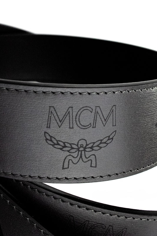 MCM Claus Smooth Visetos Logo Gray Pinstripe Leather Adjustable Reversible Belt